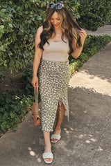 Light Olive Floral Drawstring Front Midi Skirt