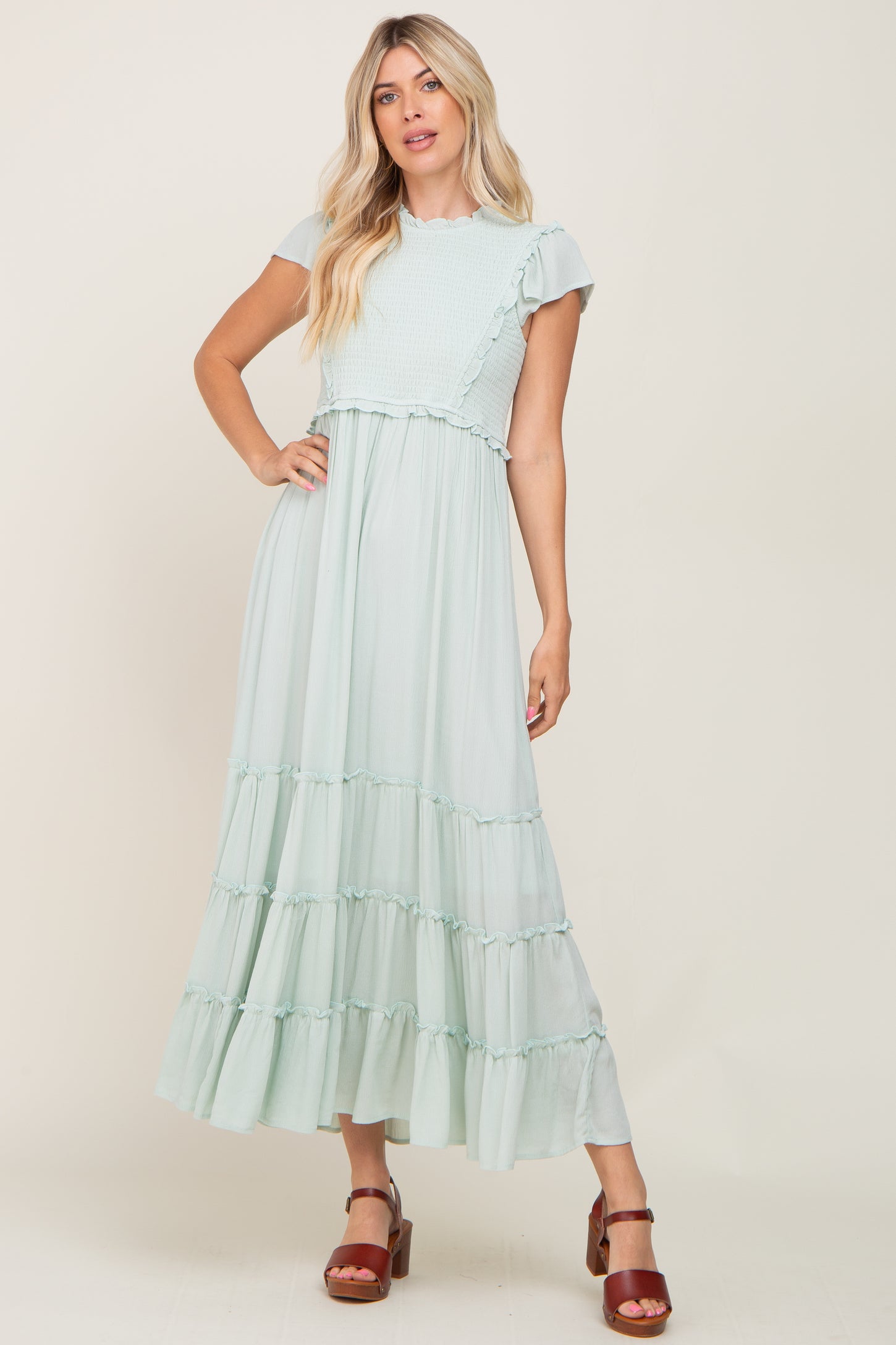 Mint Green Smocked Ruffle Accent Tiered Maternity Maxi Dress – PinkBlush