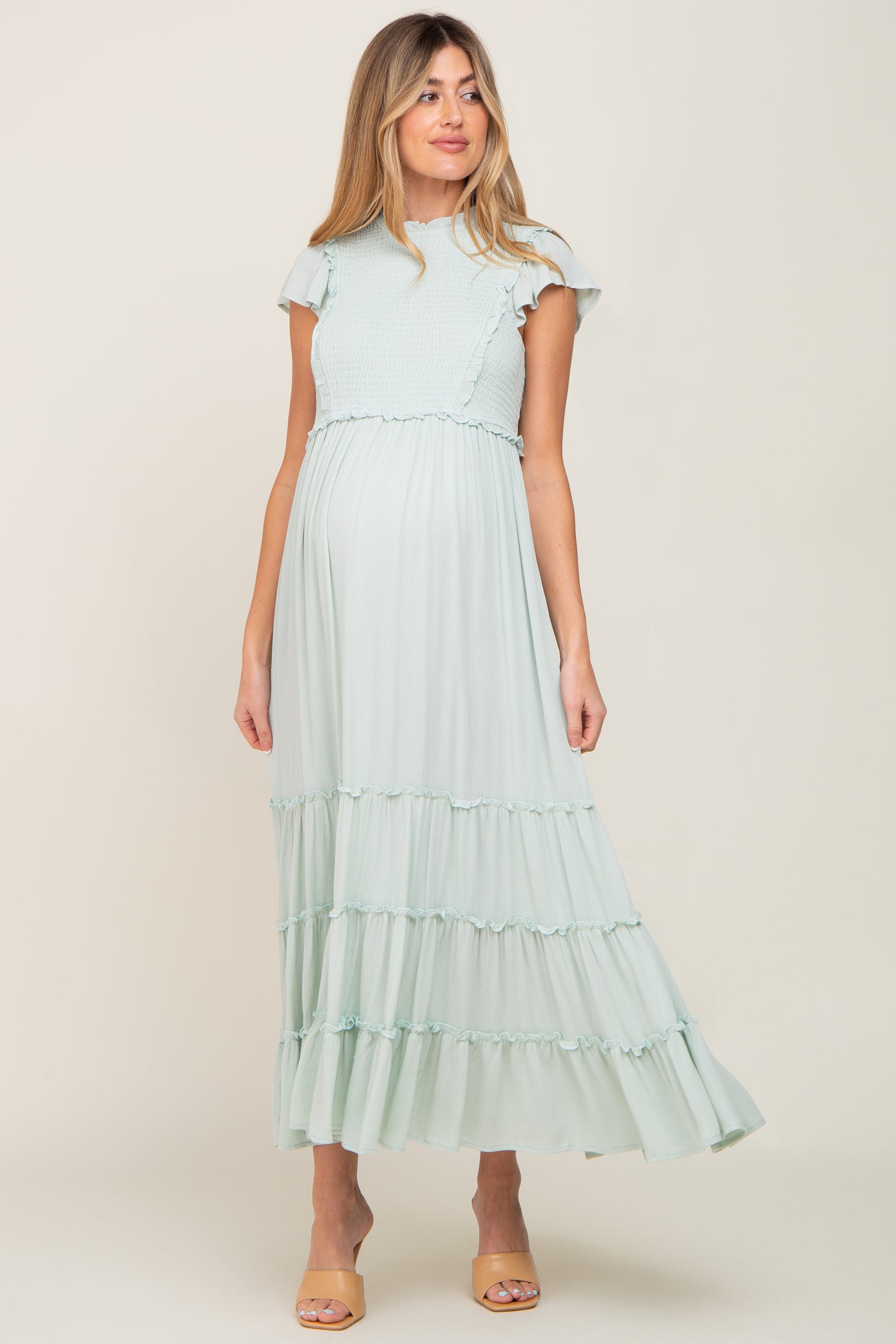 Mint Green Smocked Ruffle Accent Tiered Maternity Maxi Dress– PinkBlush