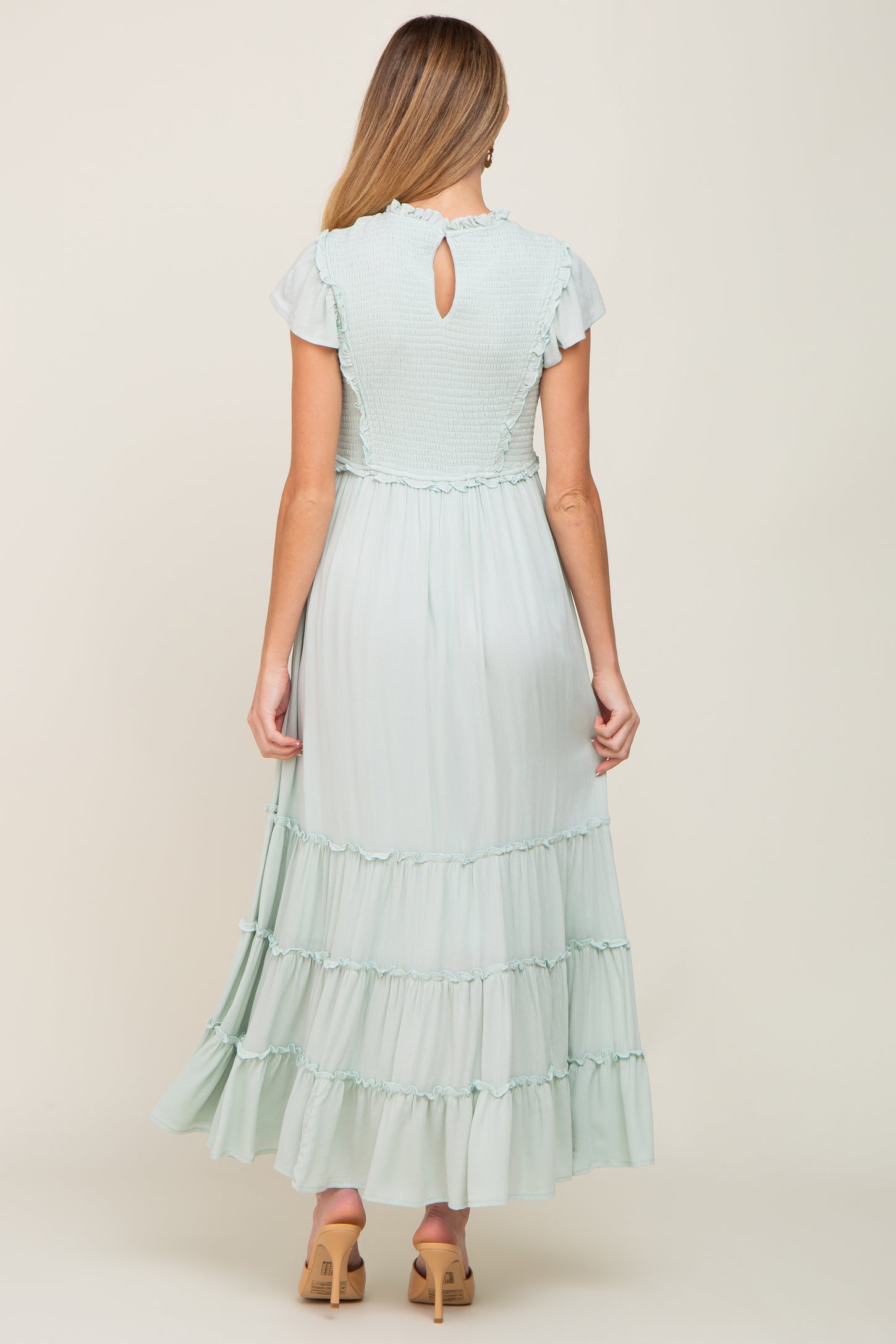 Mint Green Smocked Ruffle Accent Tiered Maternity Maxi Dress – PinkBlush