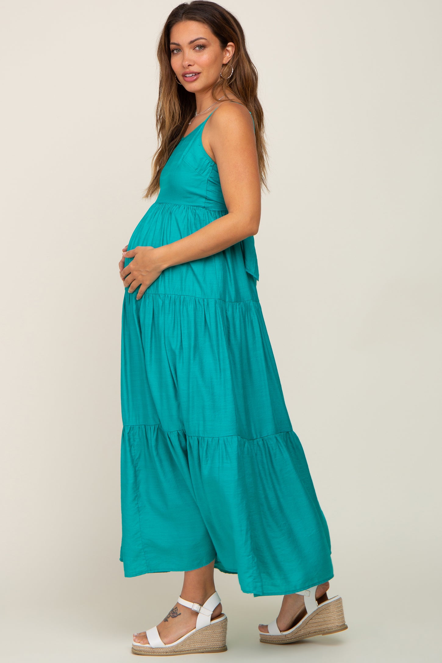 Green Tiered Maternity Maxi Dress