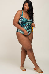 Black Palm Print Plus One Piece Swimsuit