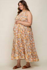 Taupe Floral Ruffle Mock Neck Tiered Maternity Plus Maxi Dress