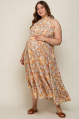 Taupe Floral Ruffle Mock Neck Tiered Maternity Plus Maxi Dress
