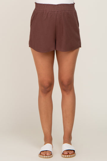 Brown Linen Maternity Shorts