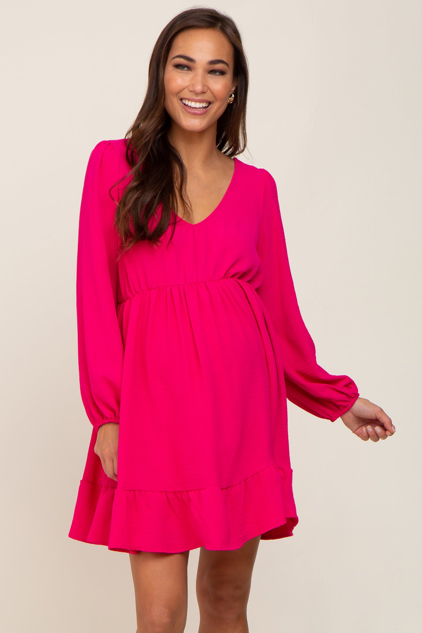Fuchsia Long Sleeve Gathered Tier Maternity Dress PinkBlush Fuchsia Long Sleeve Gathered Tier Maternity Dress PinkBlush