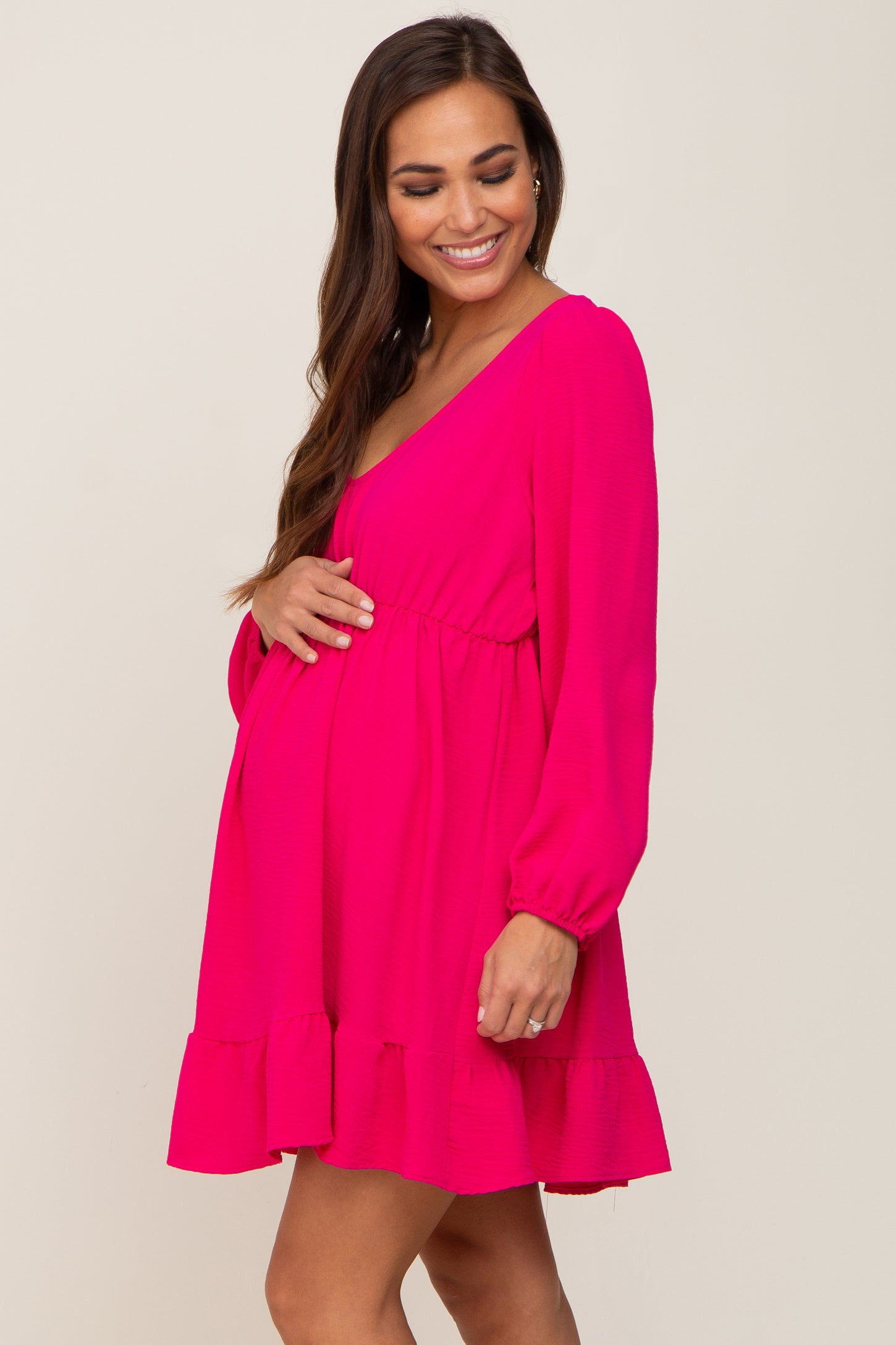 Fuchsia Long Sleeve Gathered Tier Maternity Dress PinkBlush Fuchsia Long Sleeve Gathered Tier Maternity Dress PinkBlush