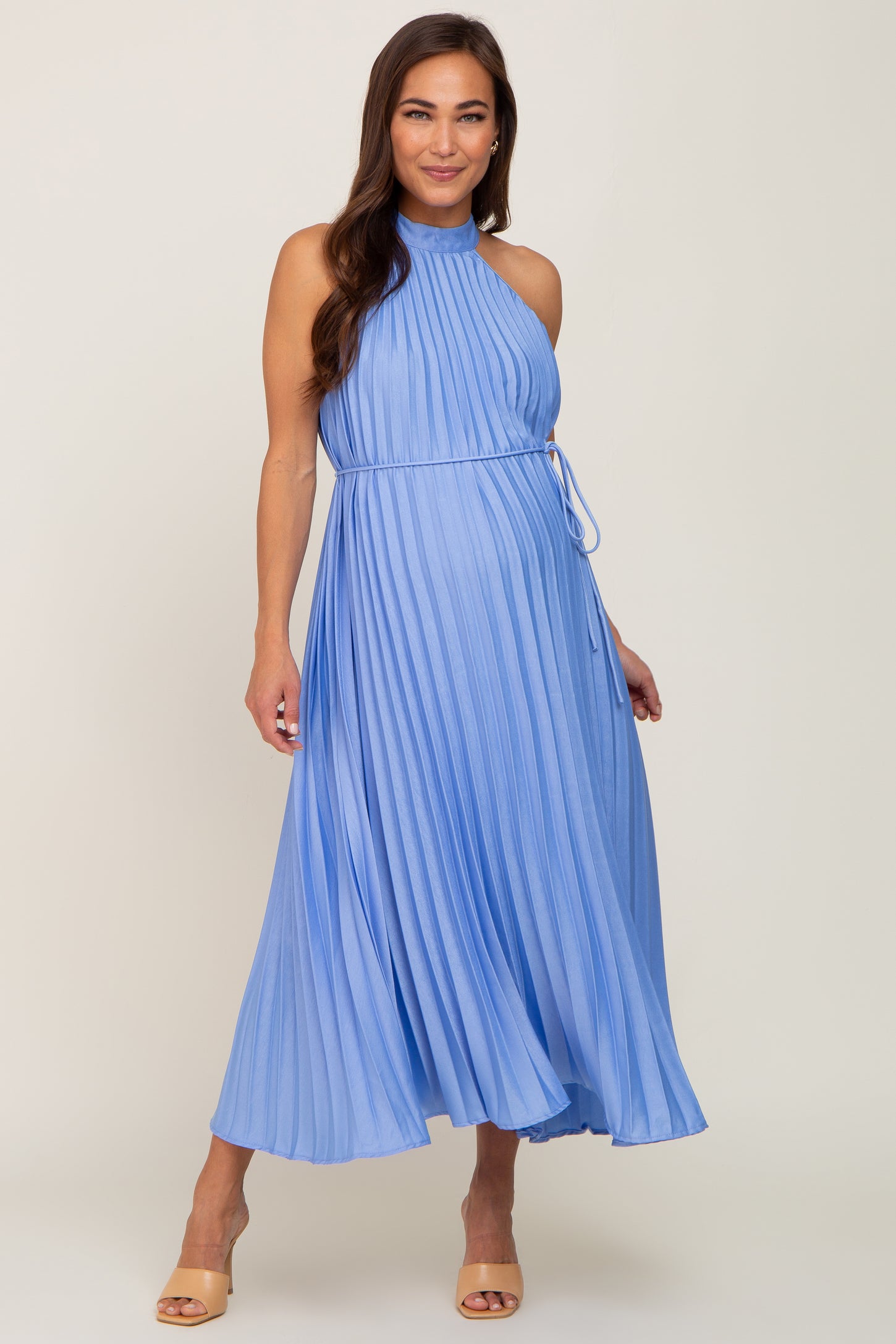 light blue pleated dress Afterglow Midi May be worn with an adhesive bra Rare London tailored dropped overlay