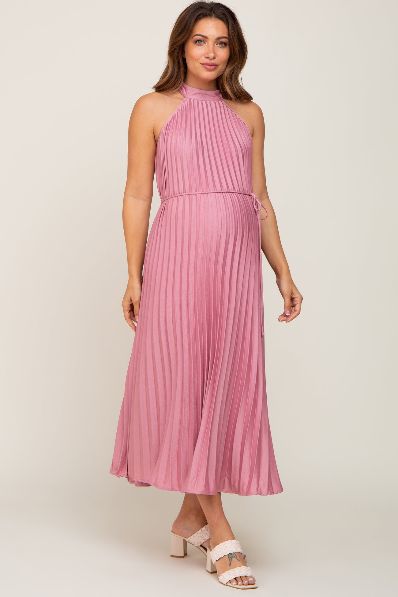 Crochet Little Mistress Lace Top Midaxi Dress With Pleated Skirt In Blush Pink Pleated Maternity Halter Dress Crochet Little Mistress Lace Top Midaxi Dress With Pleated Skirt In Blush Pink Pleated Maternity Halter Dress
