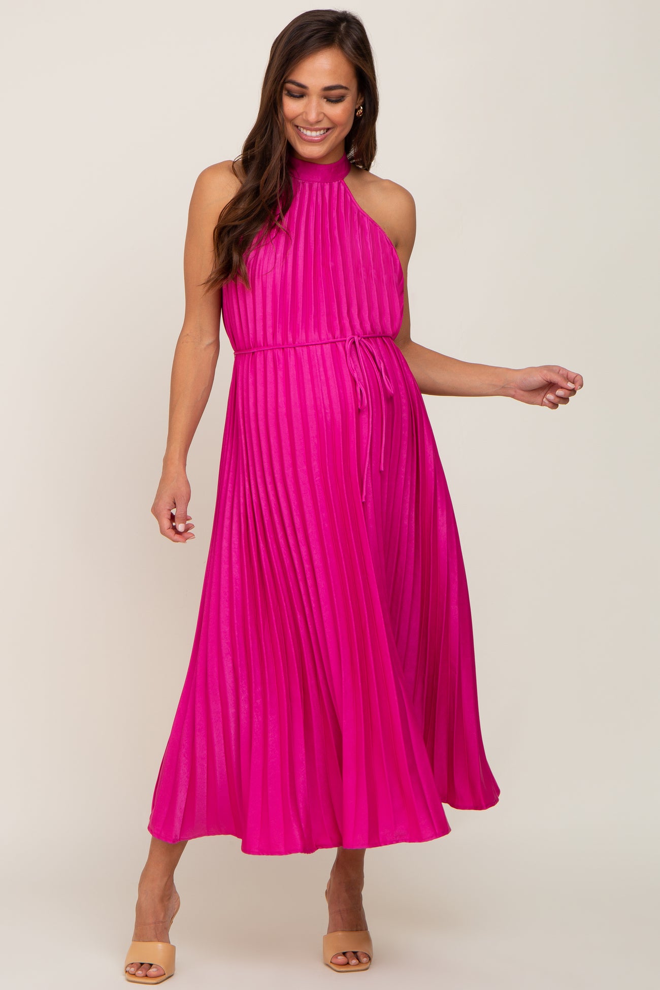 Fuchsia Pleated Maternity Halter Dress – PinkBlush