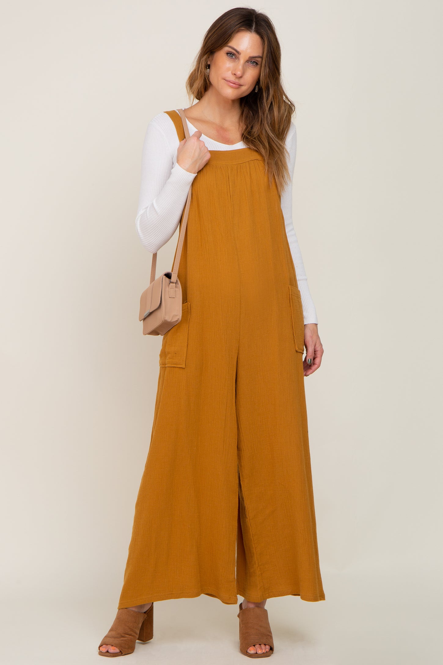 Camel Wide Leg Tie Back Maternity Overalls