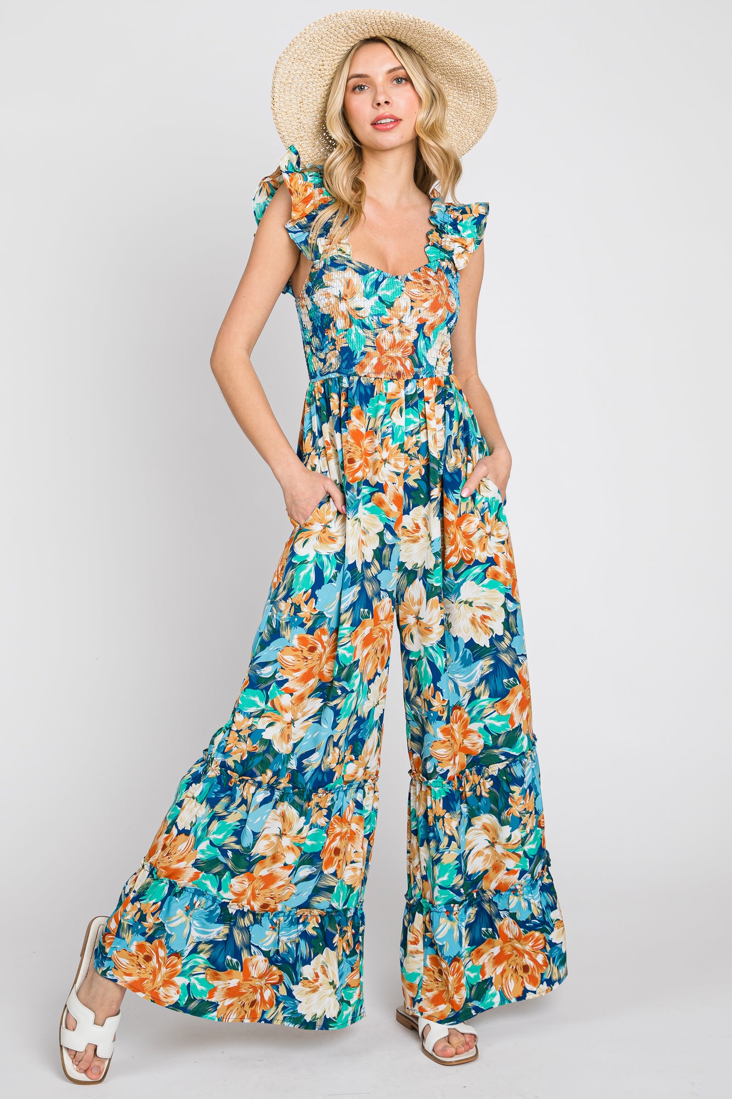Flower Ruffle Jumpsuit Navy Floral Smocked Ruffle Accent Maternity Jumpsuit – PinkBlush