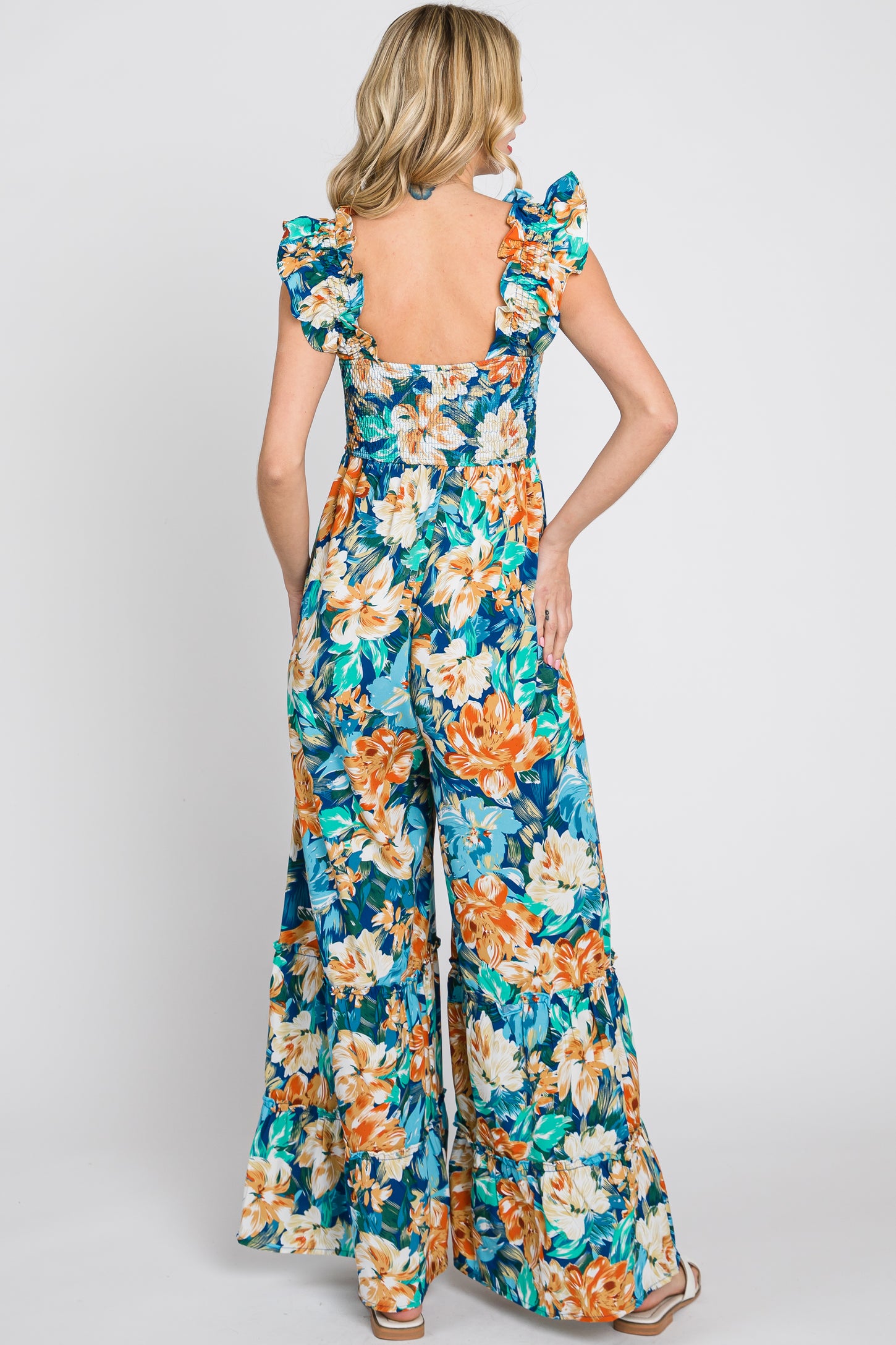 Flower Ruffle Jumpsuit Navy Floral Smocked Ruffle Accent Jumpsuit – PinkBlush