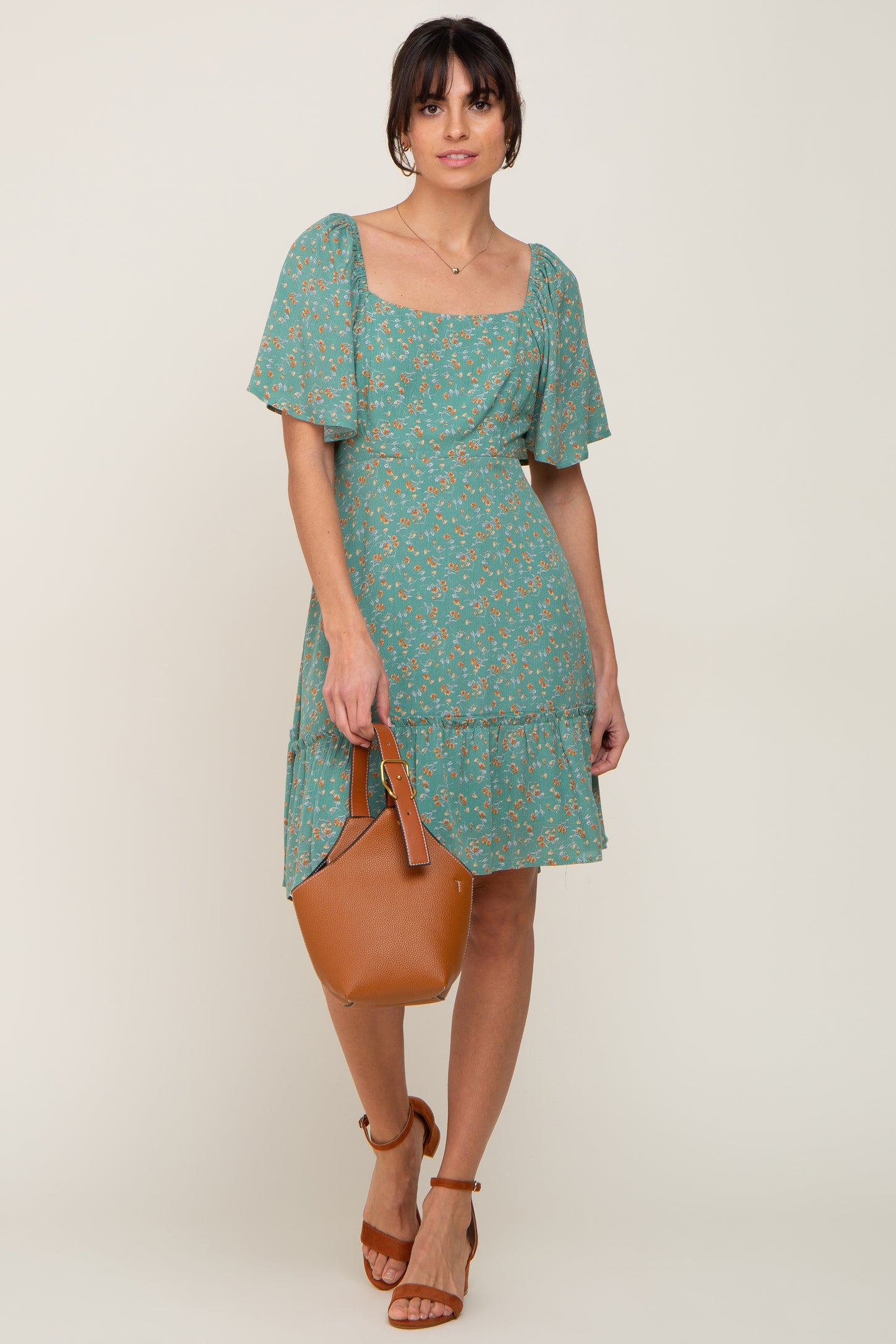 Green Floral Square Neck Smocked Open Back Dress