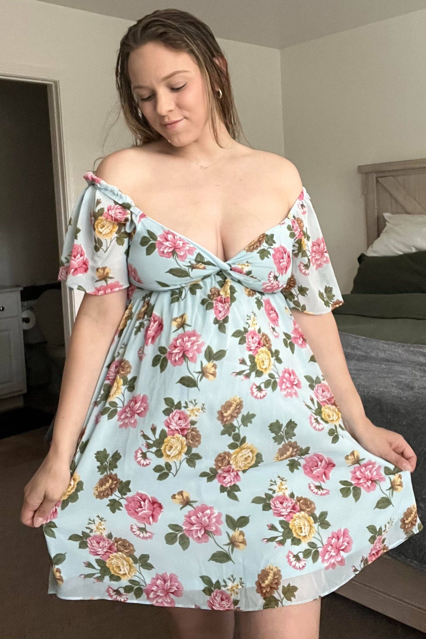 Light Blue Floral Chiffon Sweetheart Neck Dress