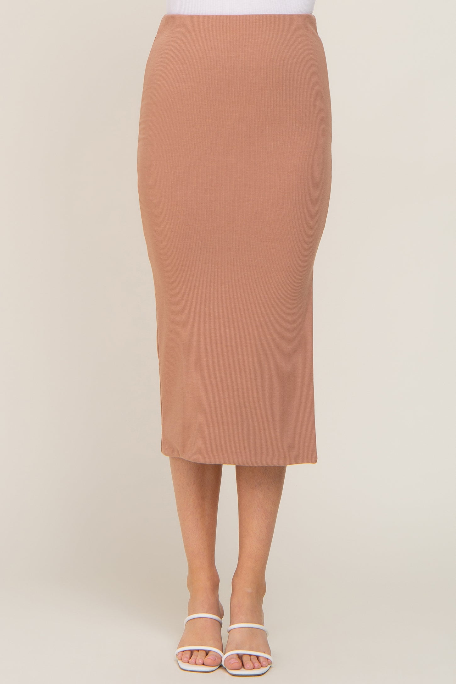Mocha Ribbed Side Slit Midi Skirt