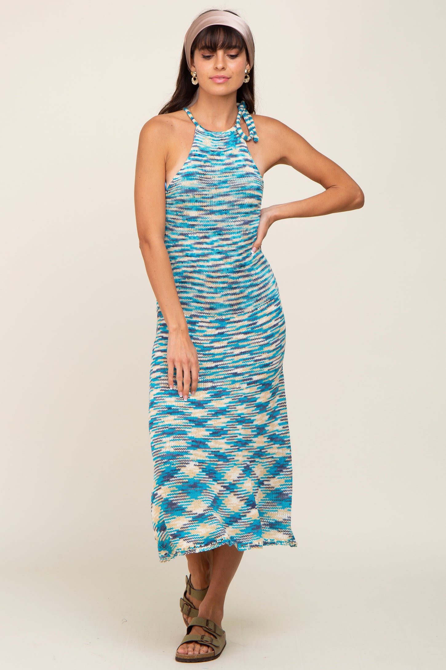 Blue Multicolor Open Knit Halter Midi Dress Blue Multicolor Open Knit Halter Midi Dress