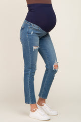 Navy Blue Distressed Raw Hem Maternity Jeans