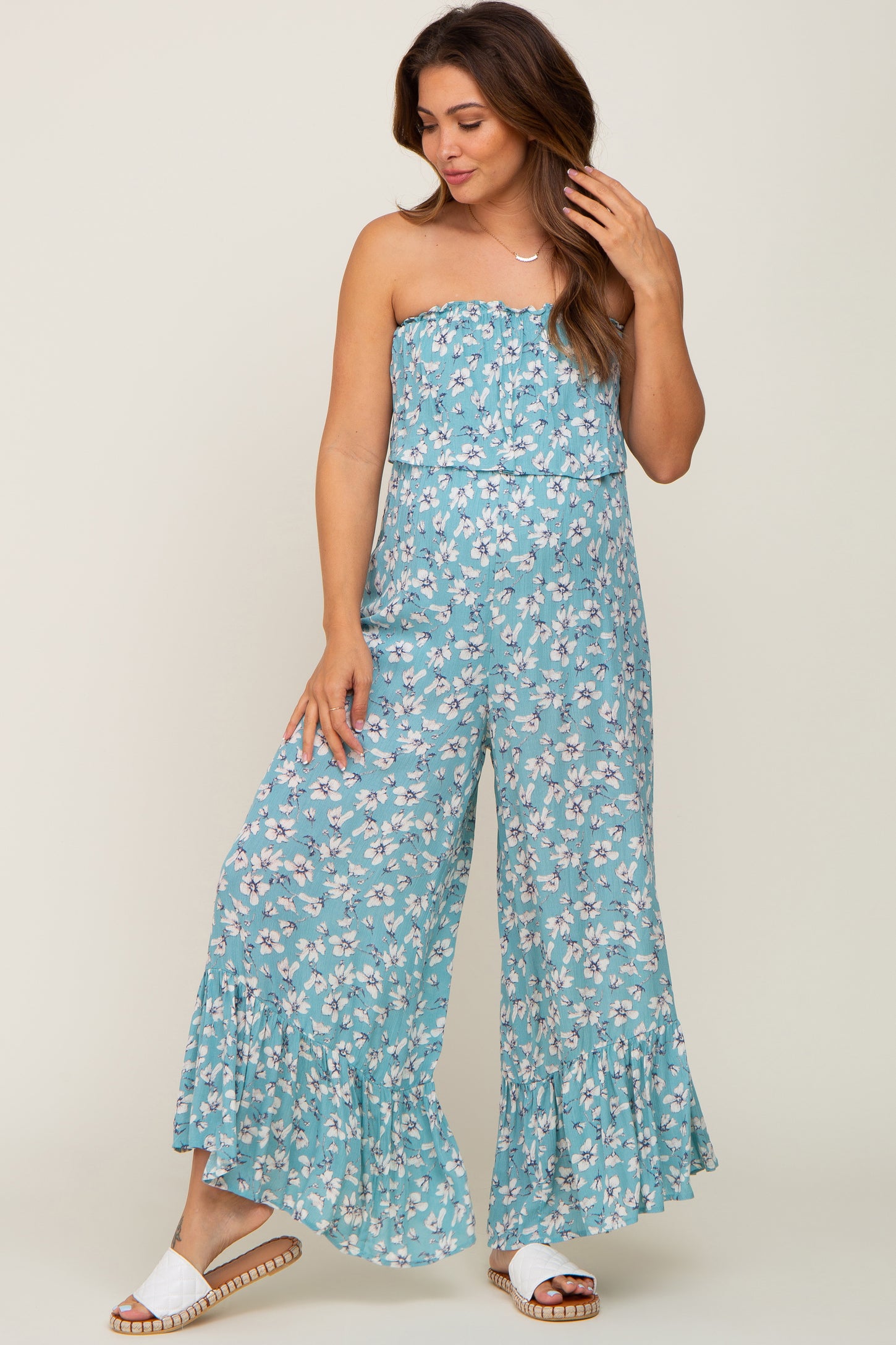 Flower Ruffle Jumpsuit Aqua Floral Strapless Ruffle Maternity Jumpsuit– PinkBlush
