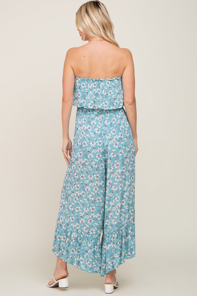 Aqua Floral Strapless Ruffle Jumpsuit– PinkBlush
