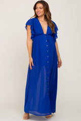 Royal Blue Flounce Button Front Maternity Maxi Dress