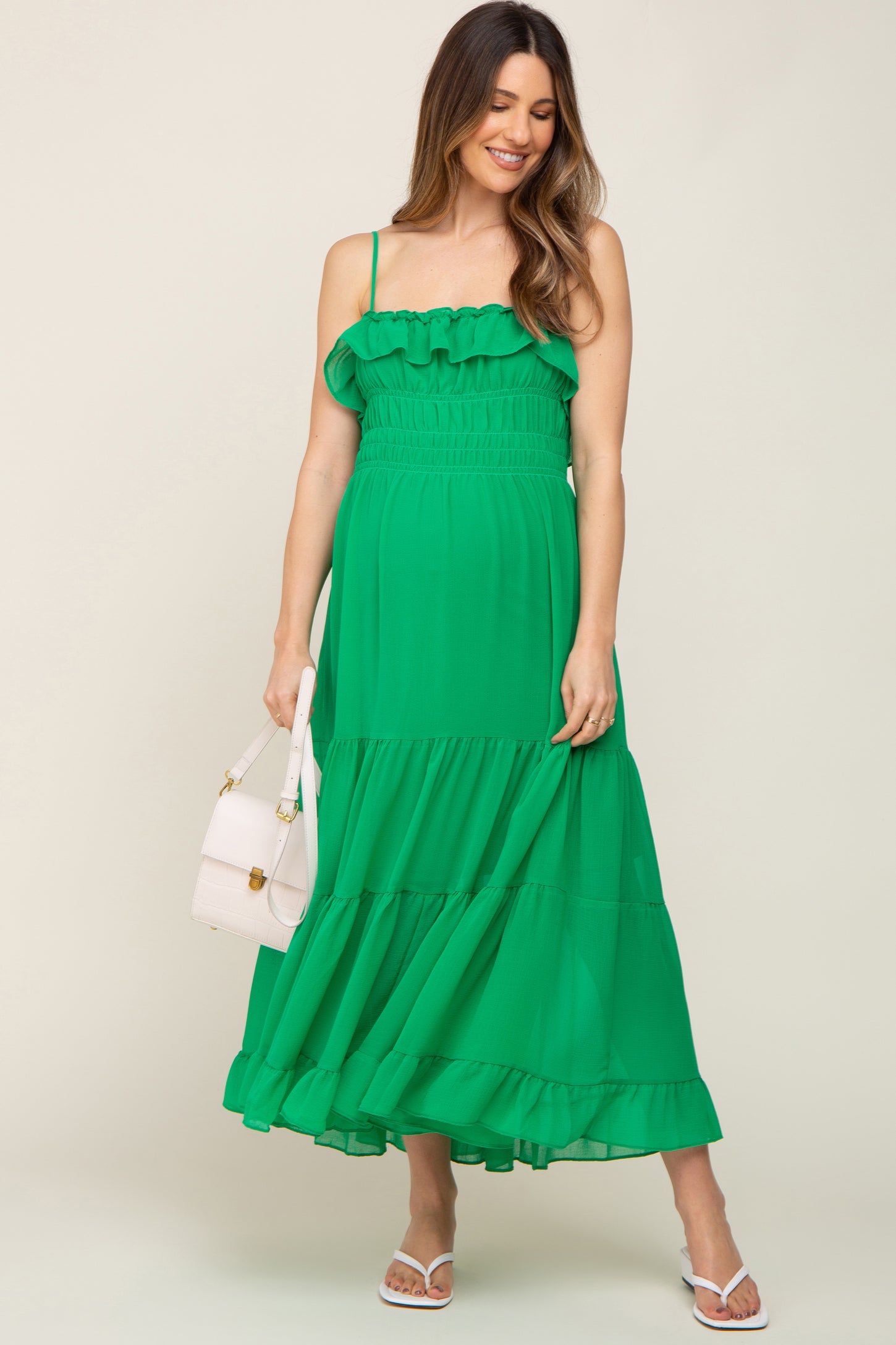 Green Shirred Ruffle Maternity Midi Dress