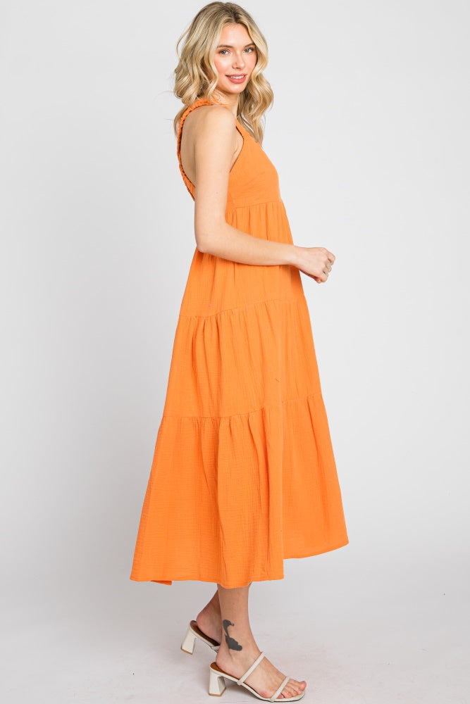 Neon Orange Tiered Crisscross Strap Midi Dress