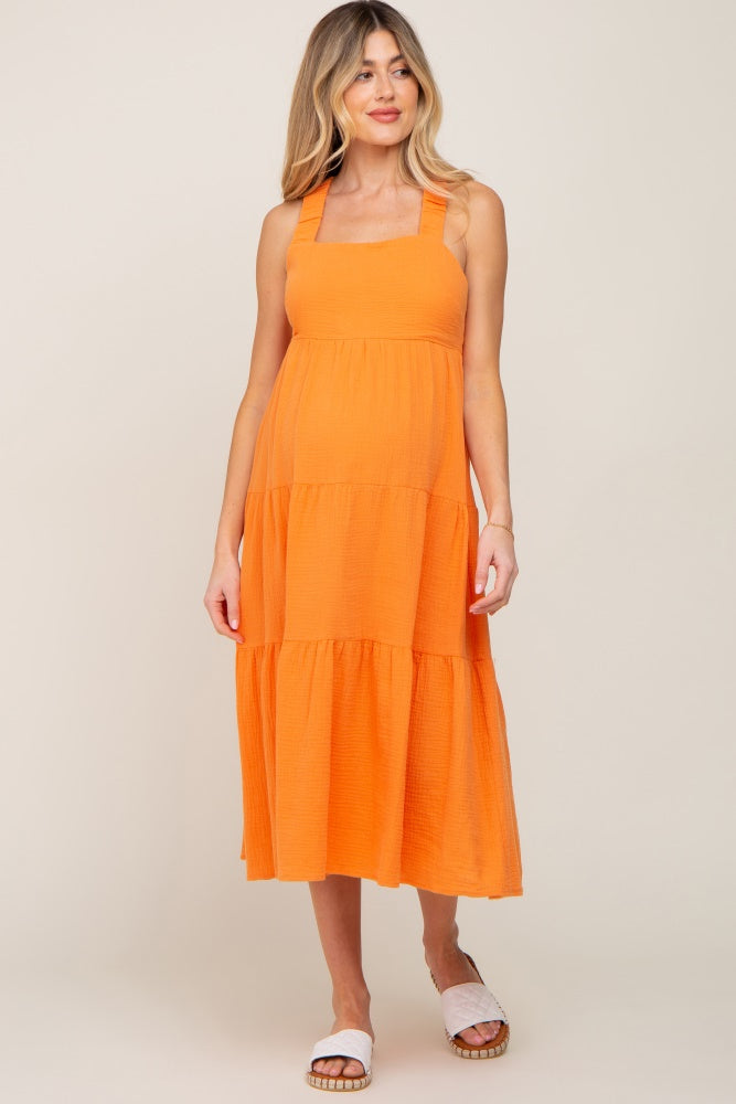Neon Orange Tiered Crisscross Strap Maternity Midi Dress