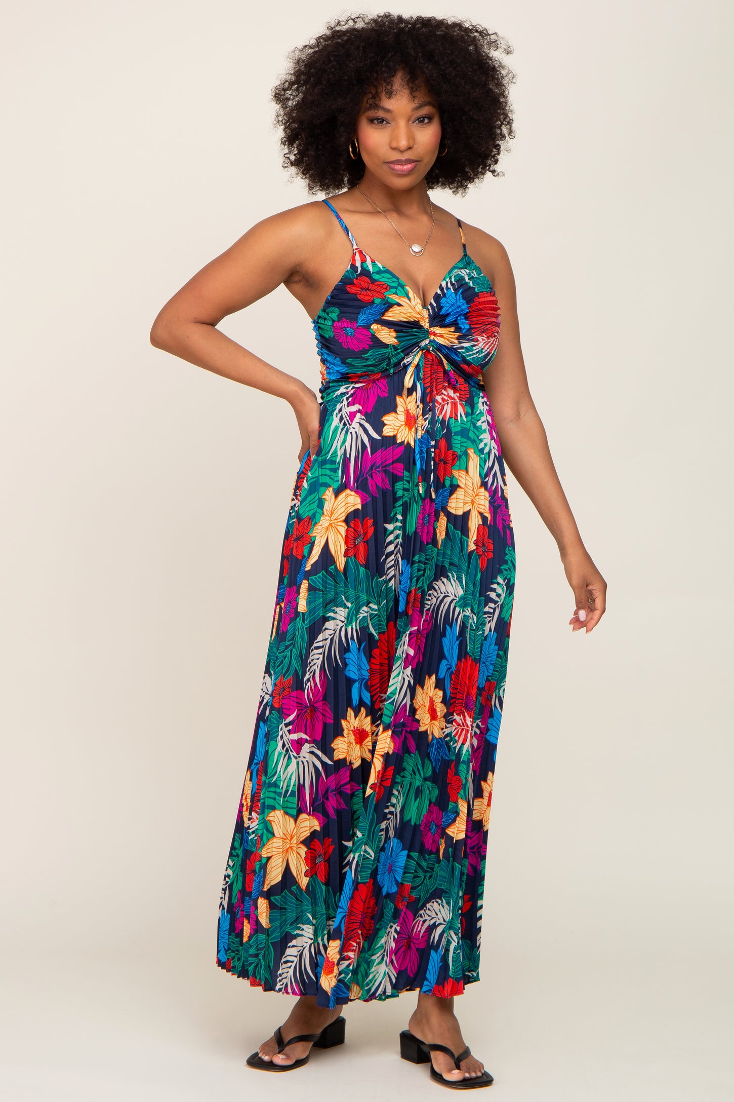 Black Tropical Floral Satin Pleated Maxi Dress – PinkBlush