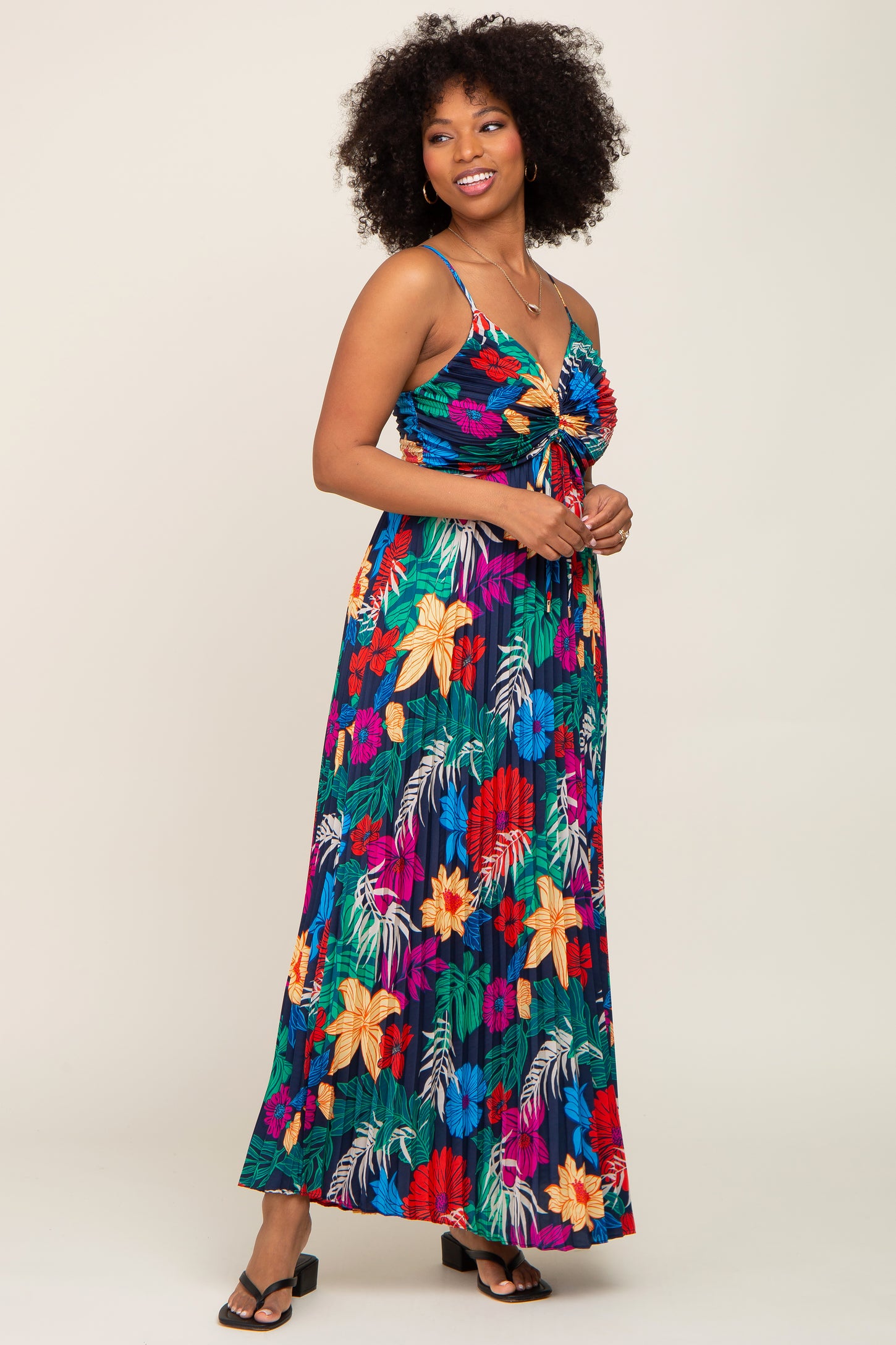 Black Tropical Floral Satin Pleated Maxi Dress Black Tropical Floral Satin Pleated Maxi Dress