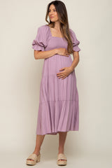 Mauve Swiss Dot Smocked Maternity Midi Dress