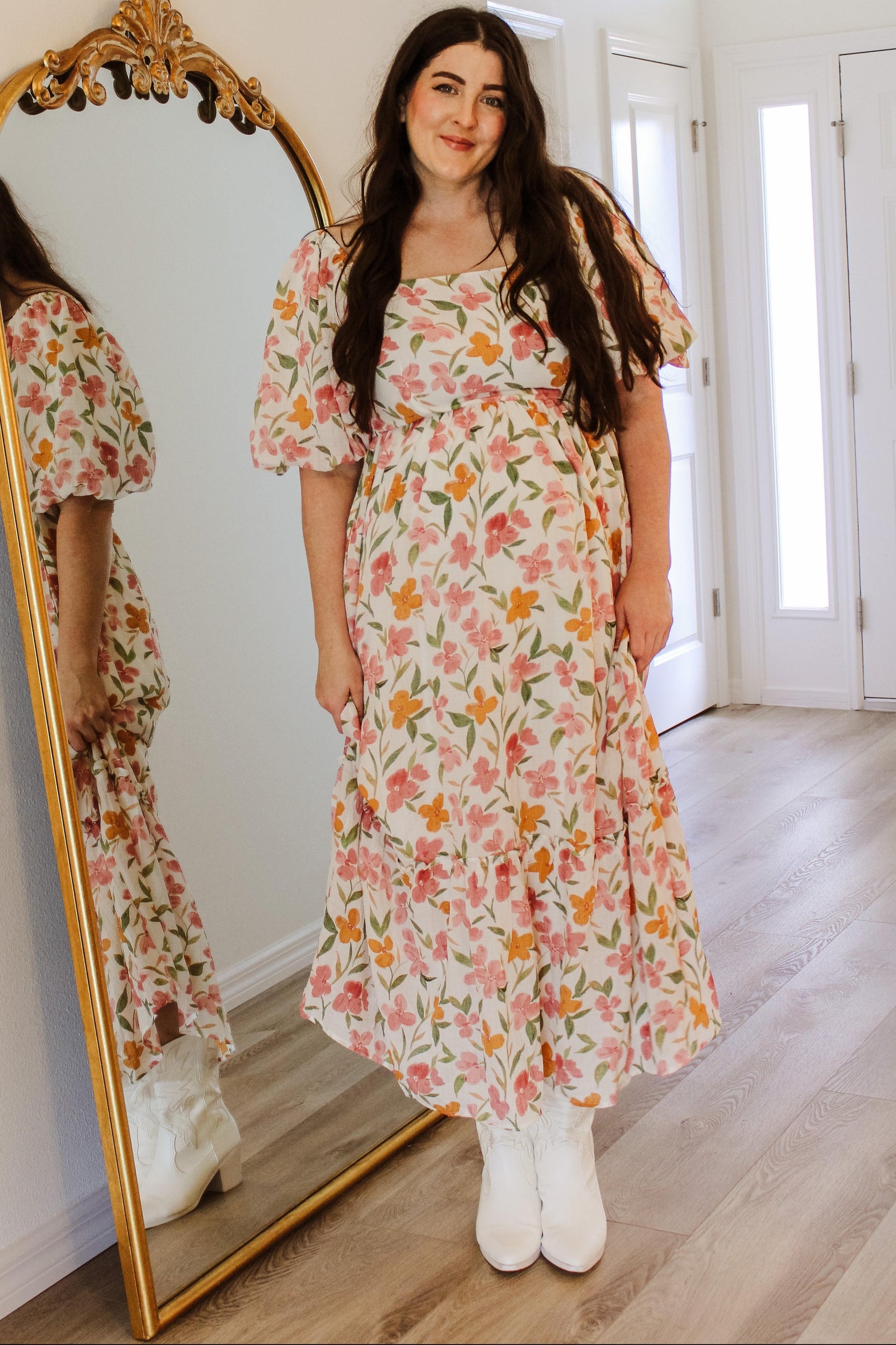 White Floral Puff Sleeve Maxi Dress