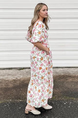 White Floral Puff Sleeve Maxi Dress
