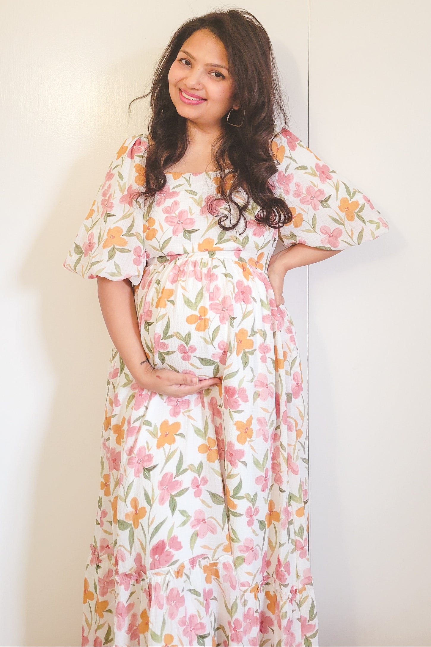 white floral dress womens White Floral Puff Sleeve Maternity Maxi Dress – PinkBlush