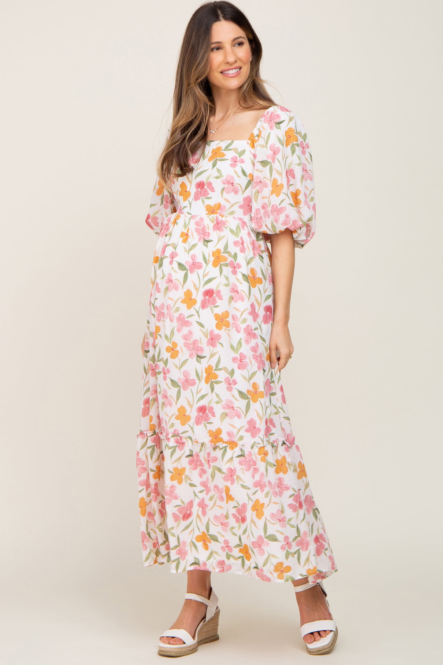 PinkBlush White Floral Puff Sleeve Maternity Maxi Dress Medium PinkBlush White Floral Puff Sleeve Maternity Maxi Dress Medium