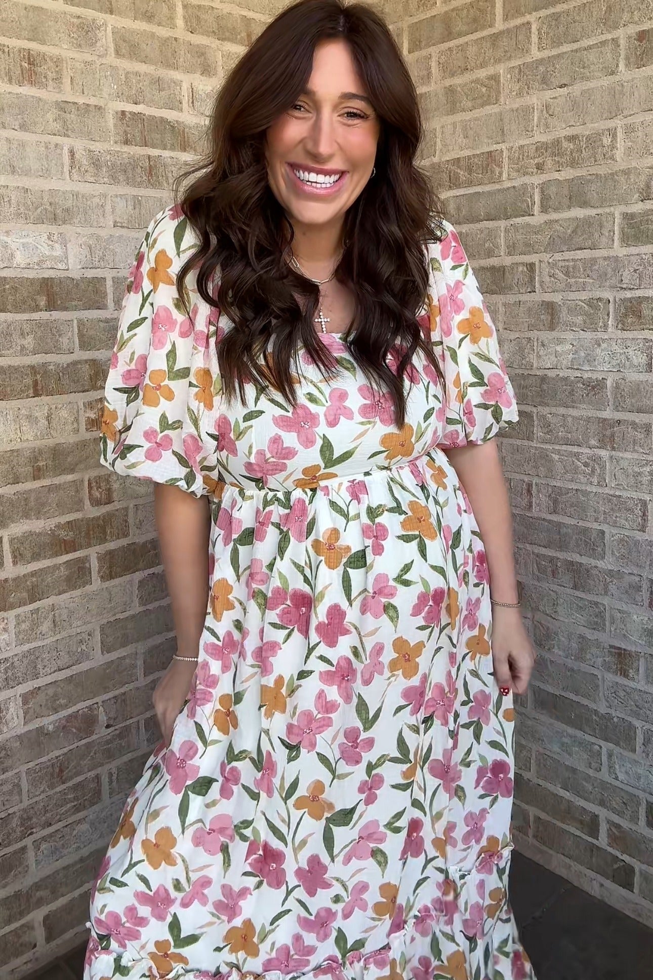 PinkBlush White Floral Puff Sleeve Maternity Maxi Dress Medium