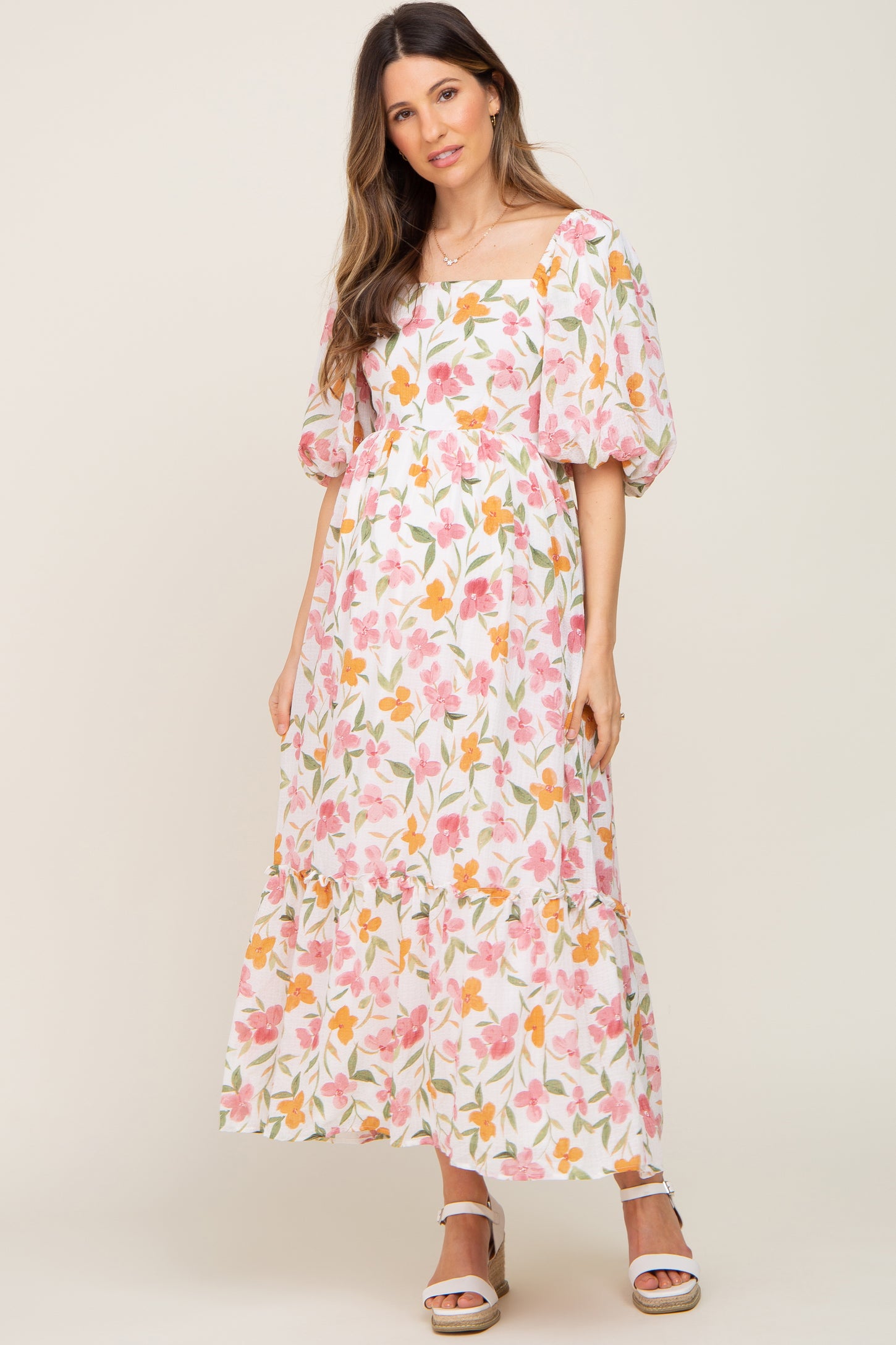 PinkBlush White Floral Puff Sleeve Maternity Maxi Dress Medium