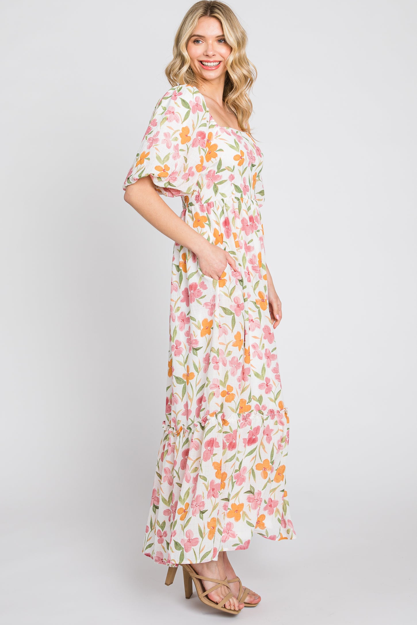 white floral print maxi dress White Floral Puff Sleeve Maxi Dress