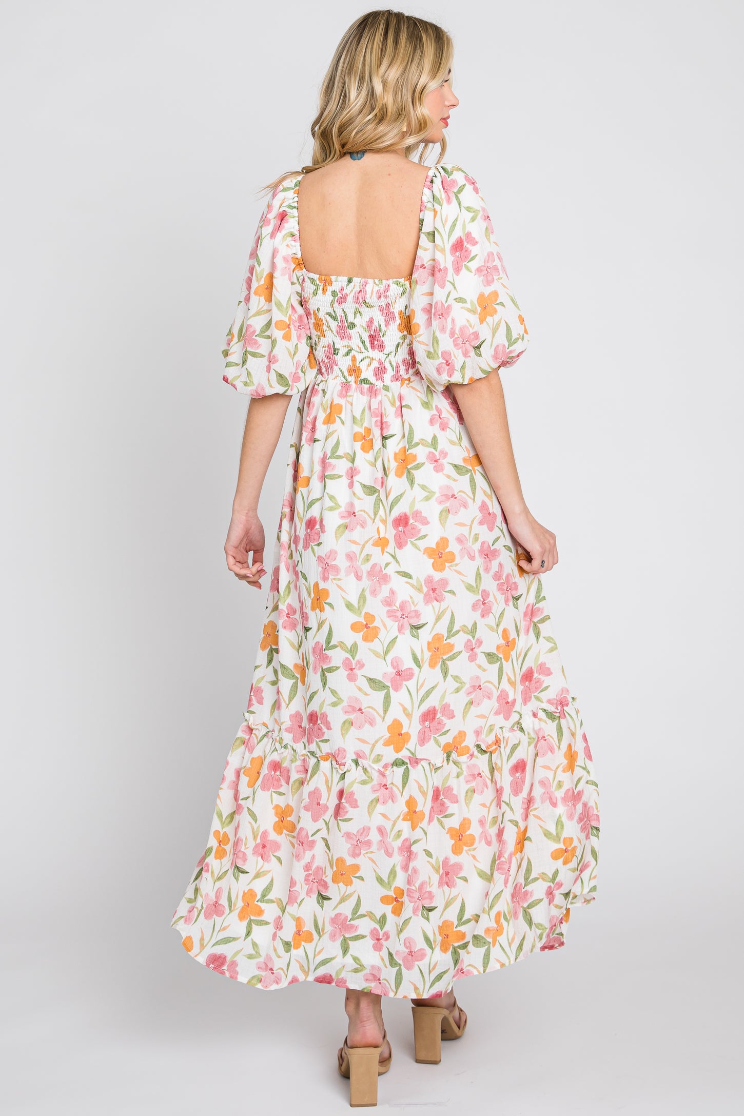 pink blush floral maxi dress Ethereal Love Blush Floral Pleated Tiered Tie-Back Maxi Dress