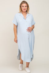 Light Blue Button Down Hi Low Maternity Plus Maxi Dress