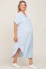 Light Blue Button Down Hi Low Maternity Plus Maxi Dress