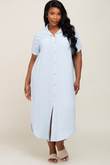 Light Blue Button Down Hi Low Maternity Plus Maxi Dress