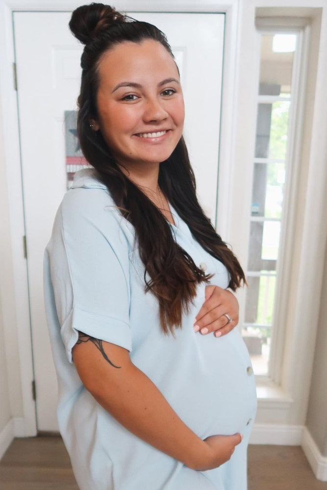 Light Blue Button Down Hi Low Maternity Maxi Dress