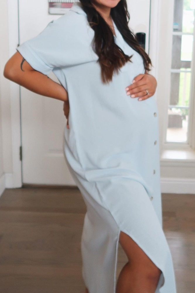 Light Blue Button Down Hi Low Maternity Maxi Dress