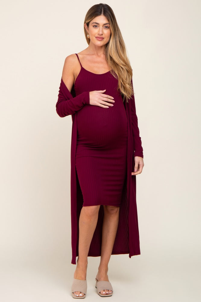 PinkBlush Burgundy Ribbed Cardigan 2 Piece Maternity Set Small