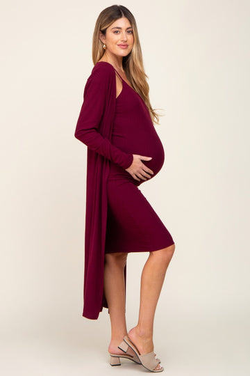 Burgundy Ribbed Cardigan 2 Piece Maternity Set