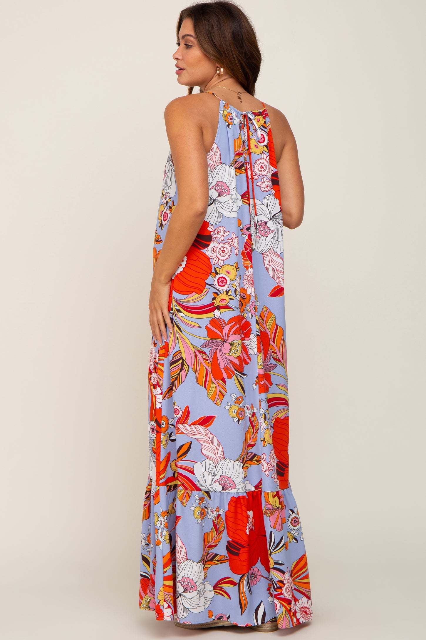 Periwinkle Floral Halter Maternity Maxi Dress