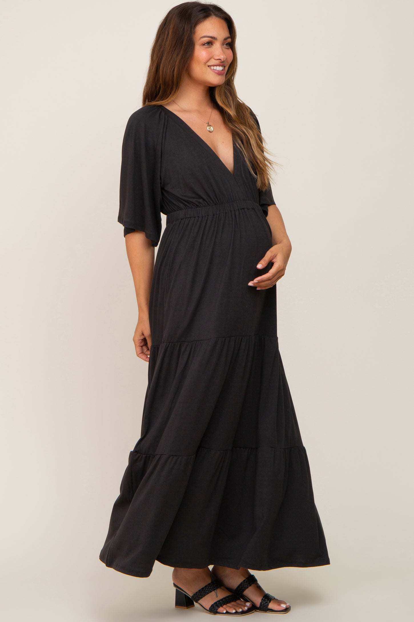 Black Deep V-Neck Tiered Maternity Maxi Dress – PinkBlush