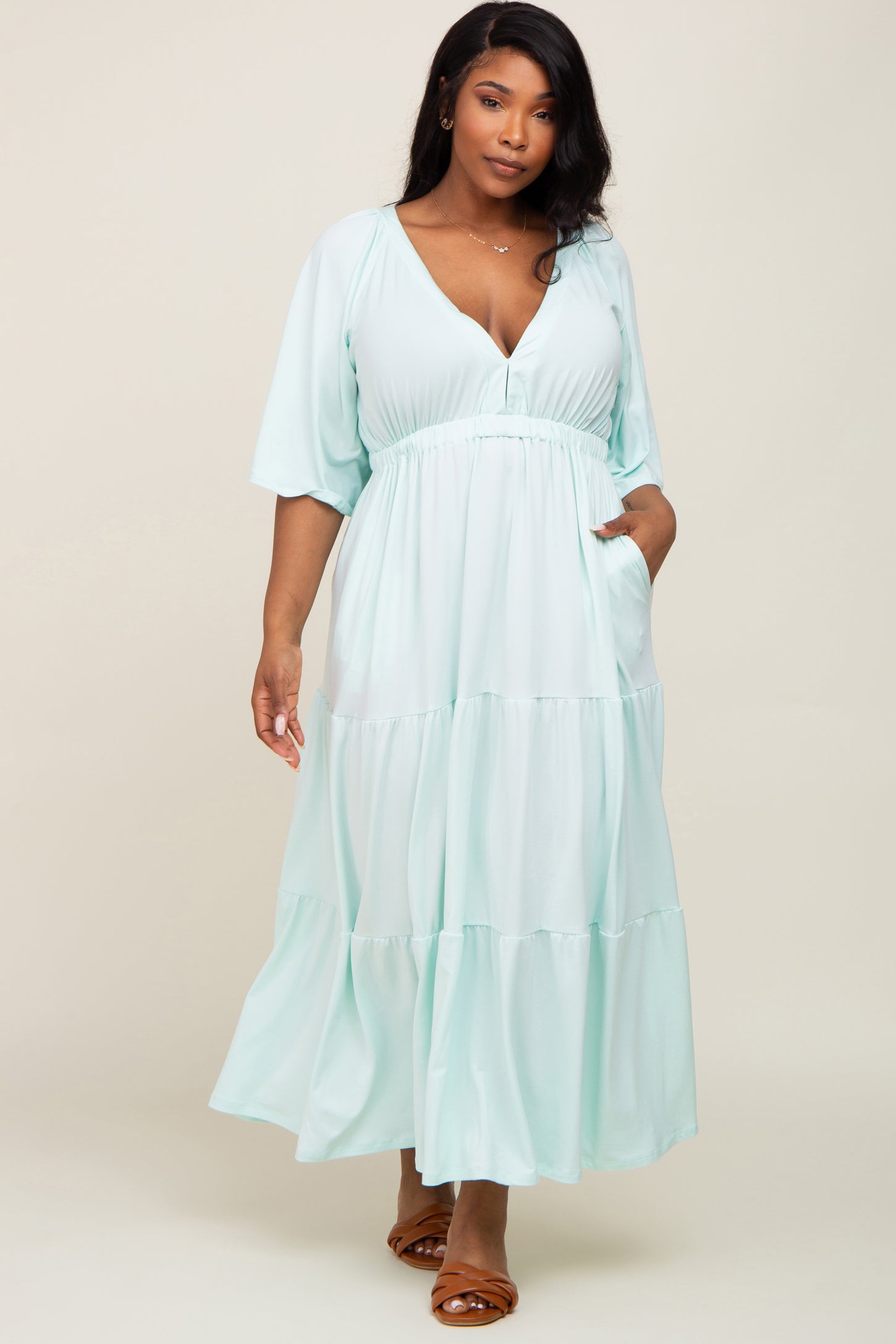 Mint Green Deep V-Neck Tiered Plus Maxi Dress – PinkBlush