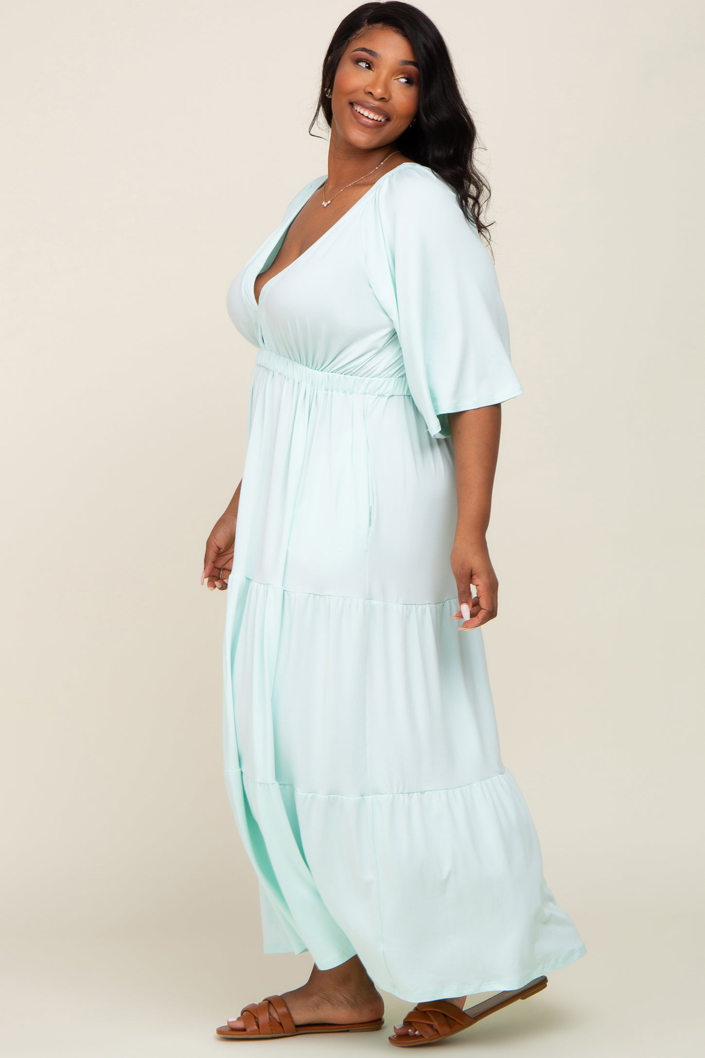Mint Green Deep V-Neck Tiered Plus Maxi Dress Mint Green Deep V-Neck Tiered Plus Maxi Dress